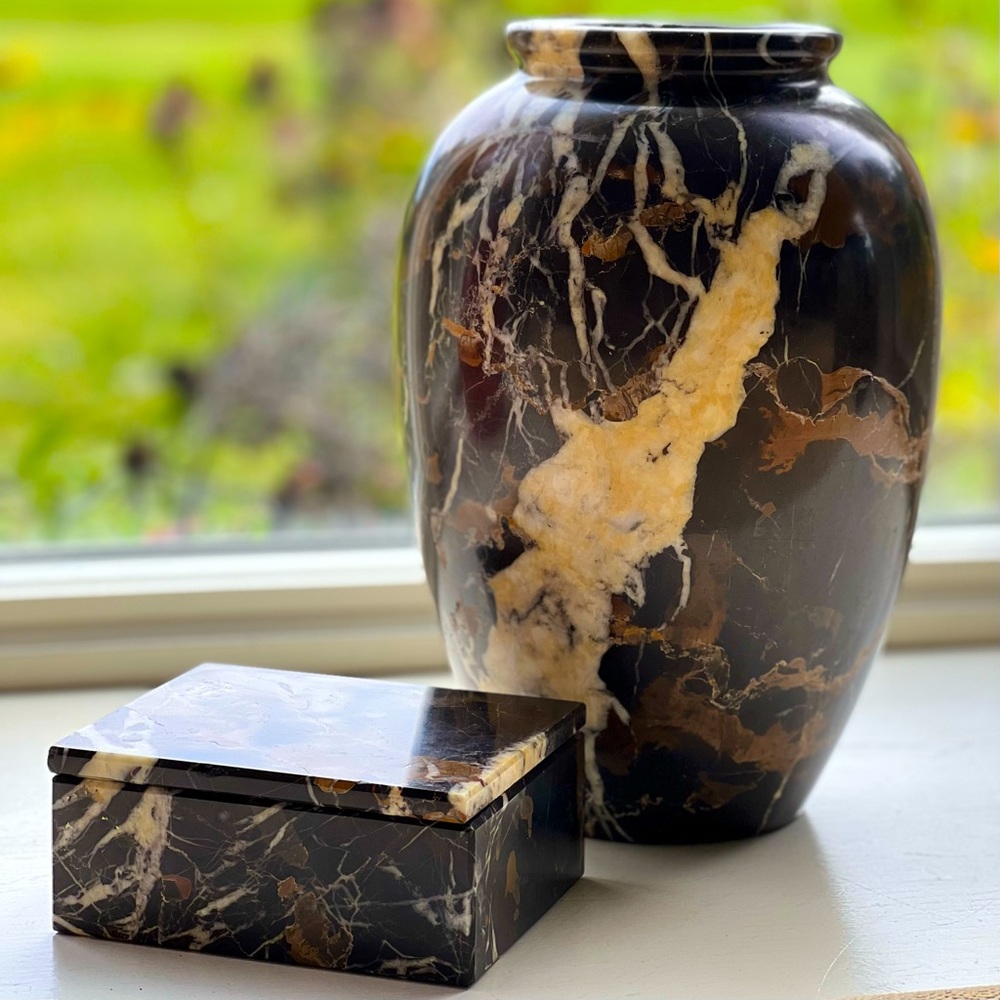 Vintage RARE English Blue John Granite Stone Vase & Box Set